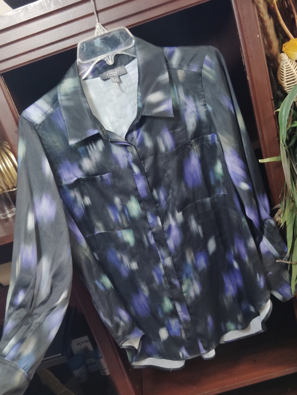 Lysse Black Abstract Print Button-Up Shirt Jacket with Purple Accents